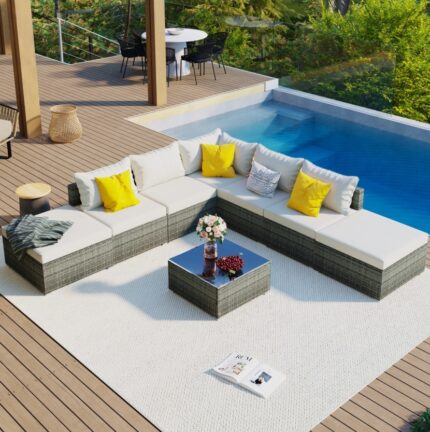 Sofeyszone 8-Pc Outdoor Patio Furniture Set, Garden Wicker Sofa, Single Sofa Combinable